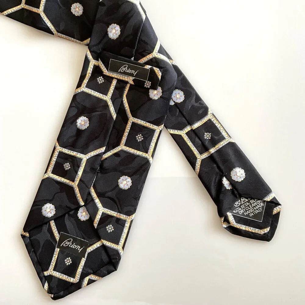 VINTAGE Brioni Silk Necktie Neiman Marcus Hexagon Medallion Geometric Italy Box